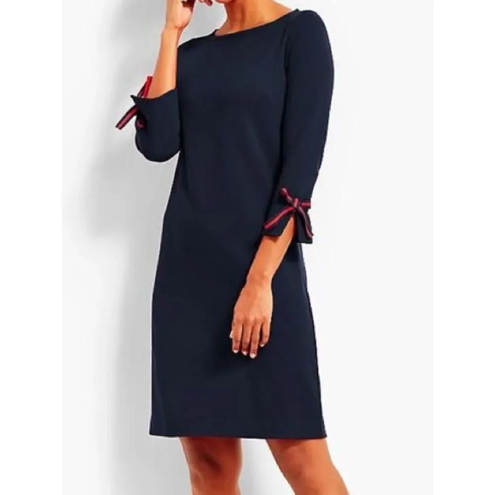 Talbots Small Petite Navy business Casual dress red bow sleeves